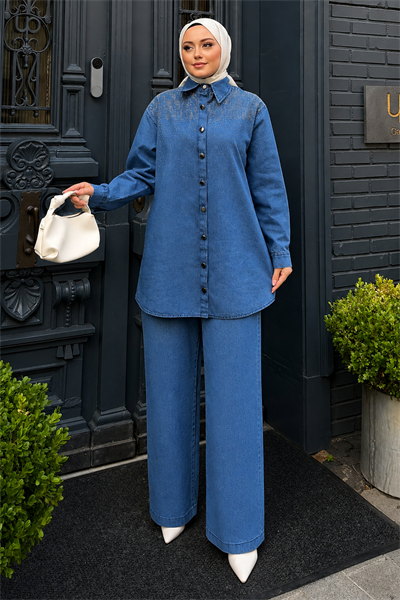 Luna Taş İşlemeli Denim Takım Açık Mavi 19401