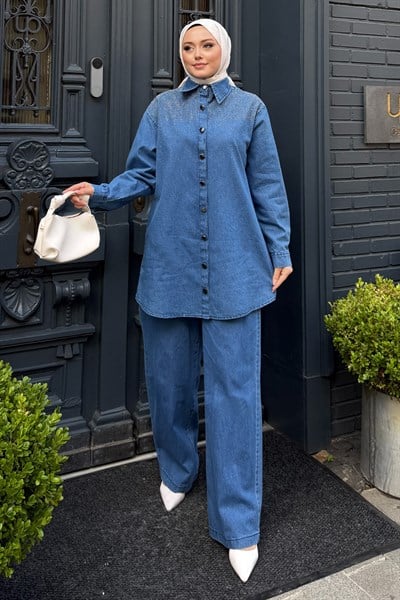 Luna Taş İşlemeli Denim Takım Açık Mavi 19401