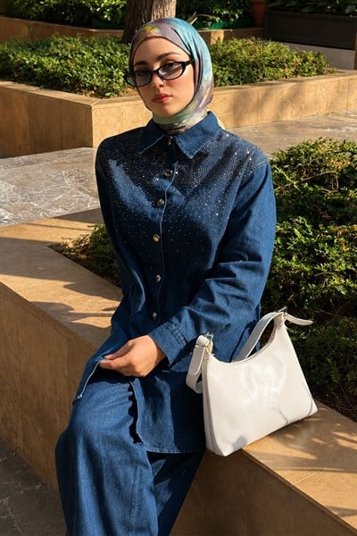 Luna Taş İşlemeli Denim Takım Koyu Mavi 19401