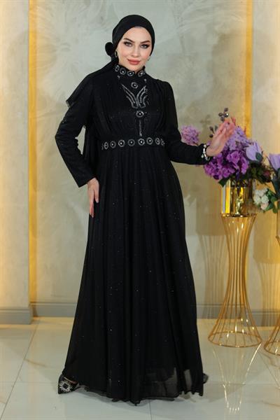 Taş Detaylı Göğsü Drapeli Simli Abiye Siyah MSW19188