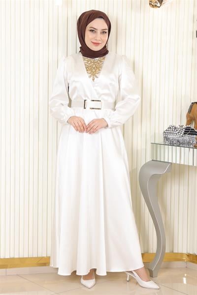 Taş Detaylı Saten Abiye Beyaz MSW19901