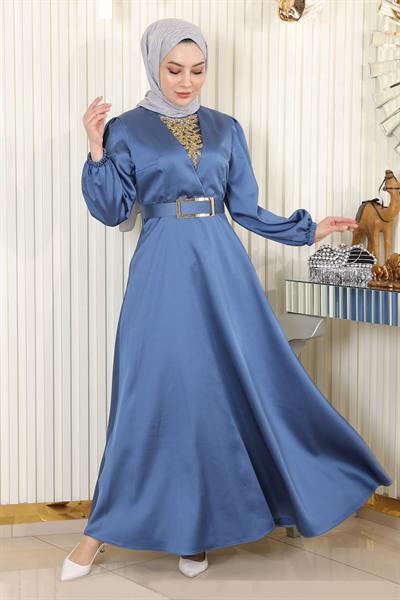 Taş Detaylı Saten Abiye Mavi MSW19901
