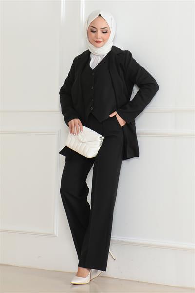 Yelekli Üçlü Takım Siyah MSW19222