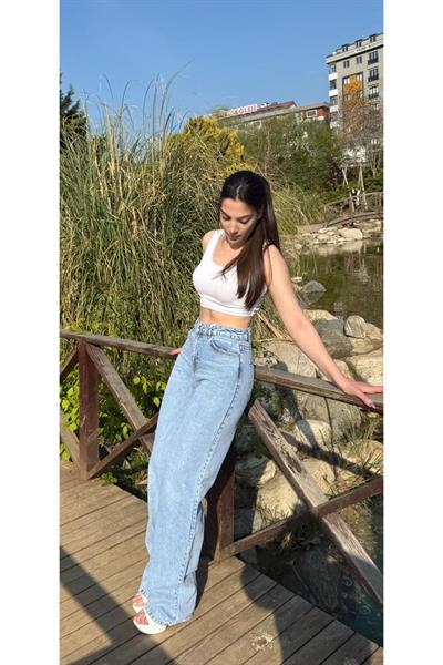 Kar mavi yüksek bel pantolon geni paça pantolon jeans