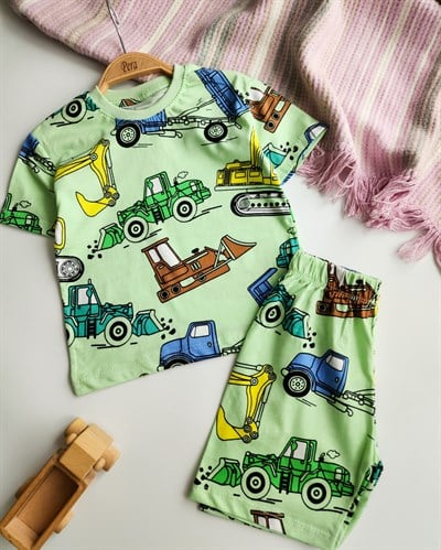 İş Makinesi Desenli Yazlık Şortlu Pijama Takımı