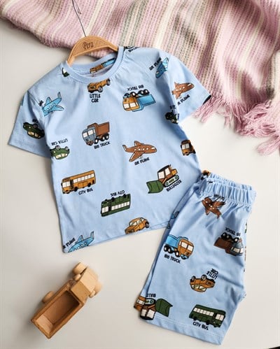Otobüs Desenli Yazlık Şortlu Pijama Takımı