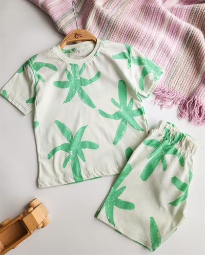 Palmiye Desenli Yazlık Şortlu Pijama Takımı