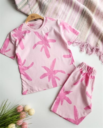 Pembe Palmiye Desenli Yazlık Şortlu Pijama Takımı