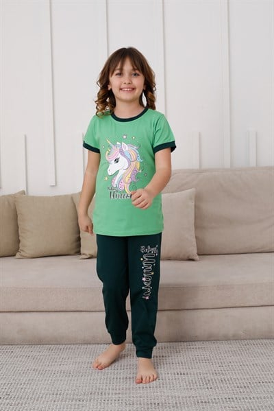 Yeşil Unicorn Desenli Yazlık Pijama Takımı