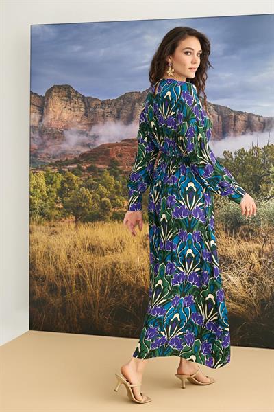 Çiçek Desenli Truvakar Kollu Saten Elbise