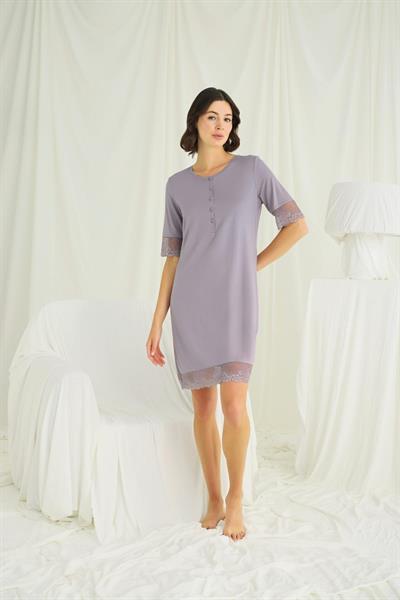 Dantel Detaylı Kısa Kollu ve Önü Düğmeli Gecelik