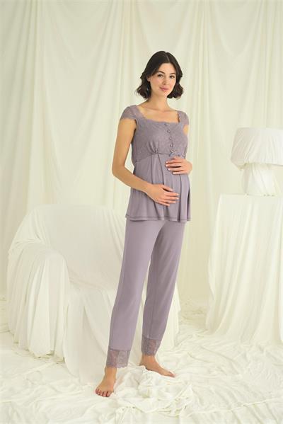 Dantelli Önü Düğmeli Hamile Lohusa 3lü Pijama Takımı