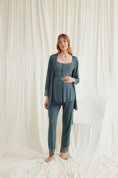 Dantelli Önü Düğmeli Hamile Lohusa 3lü Pijama Takımı