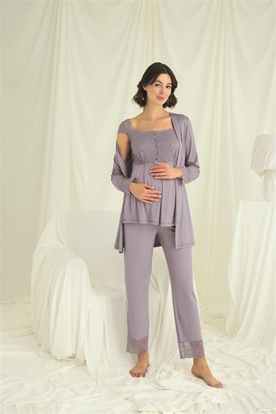 Dantelli Önü Düğmeli Hamile Lohusa 3lü Pijama Takımı