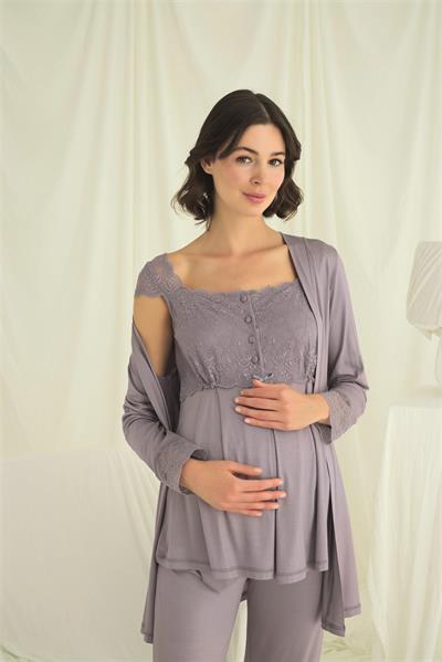 Dantelli Önü Düğmeli Hamile Lohusa 3lü Pijama Takımı