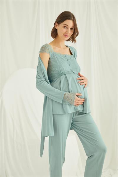 Dantelli Önü Düğmeli Hamile Lohusa 3lü Pijama Takımı