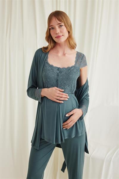 Dantelli Önü Düğmeli Hamile Lohusa 3lü Pijama Takımı
