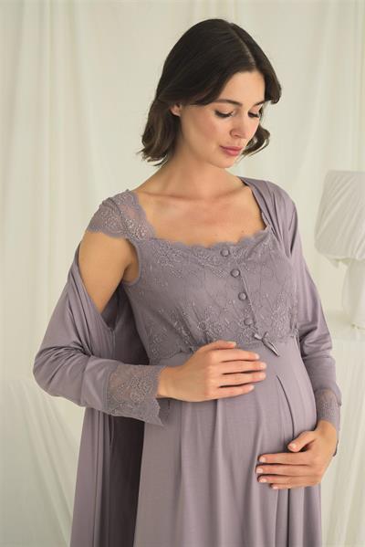 Dantelli Önü Düğmeli Hamile Lohusa Sabahlık Takımı