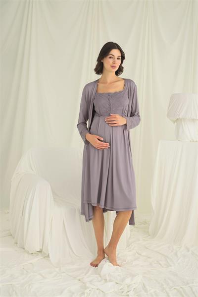 Dantelli Önü Düğmeli Hamile Lohusa Sabahlık Takımı