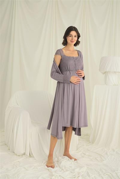 Dantelli Önü Düğmeli Hamile Lohusa Sabahlık Takımı