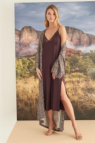 Etnik Desenli Dantelli Sabahlık Takımı