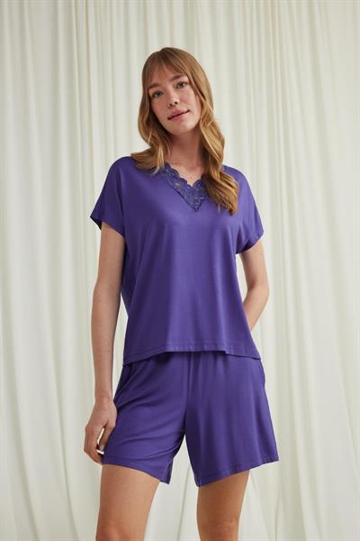 Kısa Kollu Dantelli V Yaka Şort Takımı