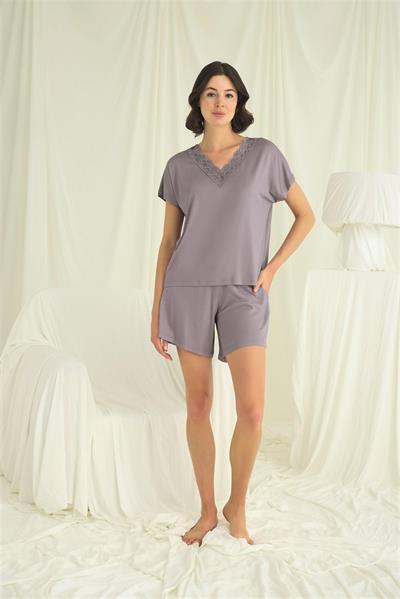 Kısa Kollu Dantelli V Yaka Şort Takımı