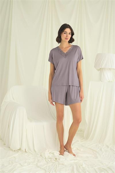 Kısa Kollu Dantelli V Yaka Şort Takımı