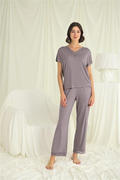 Kısa Kollu V Yakalı Dantelli Pijama Takımı