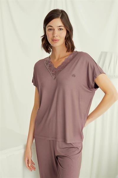 Kısa Kollu V Yakalı Dantelli Pijama Takımı