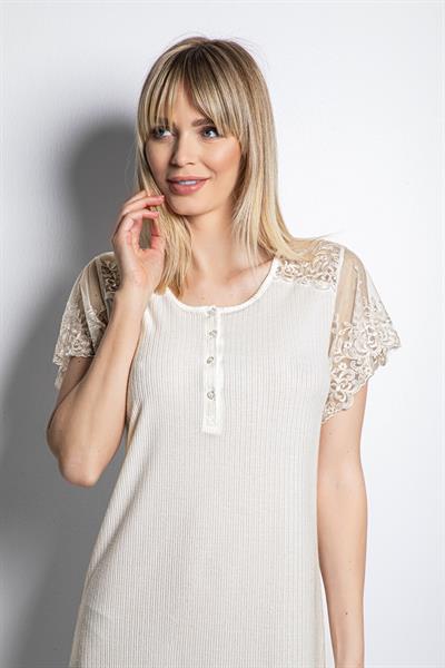 Önü Düğmeli Brode Dantelli Kısa Kollu Gecelik