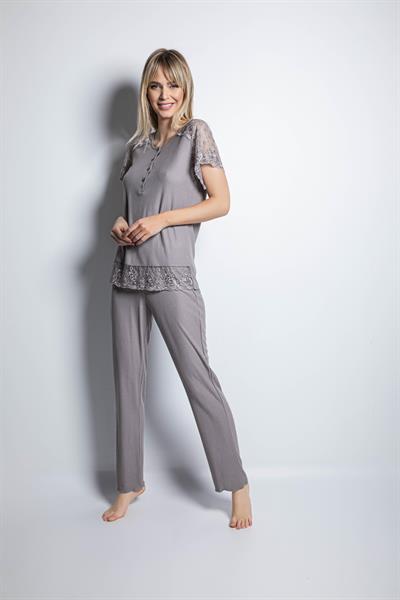 Önü Düğmeli Brode Dantelli Pijama Takımı