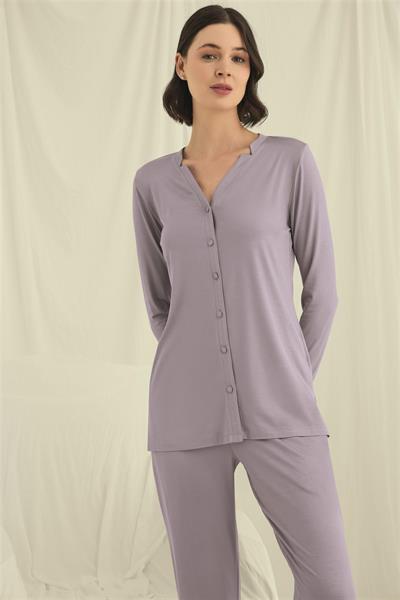 Uzun Kollu Boydan Düğmeli V Yaka Pijama Takımı
