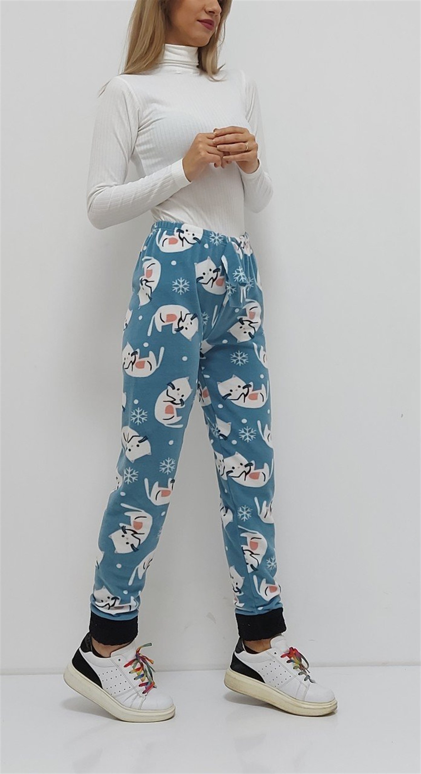 Kedi Desenli Paçası Polar Pijama Altı Mavi