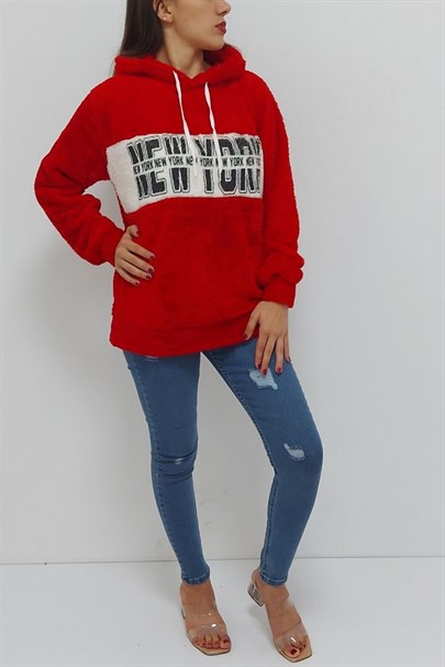New York Baskılı Kapüşonlu Peluş Sweatshirt Kırmızı