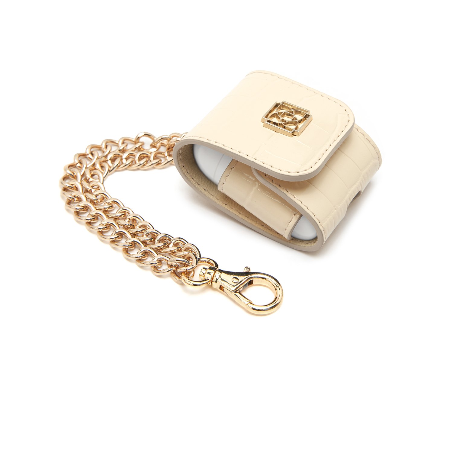 Ekru Zincir Detaylı Deri Airpods Kılıfı