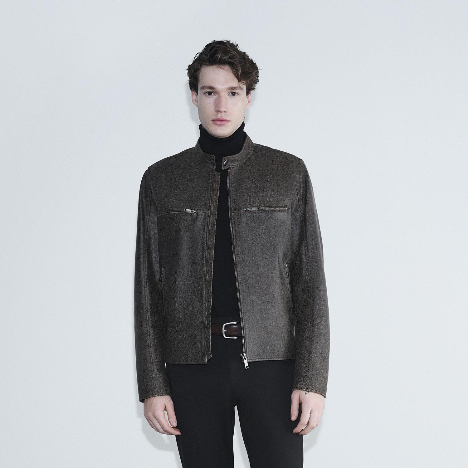 Erkek Kahve Hakim Yakalı Fit Deri Ceket