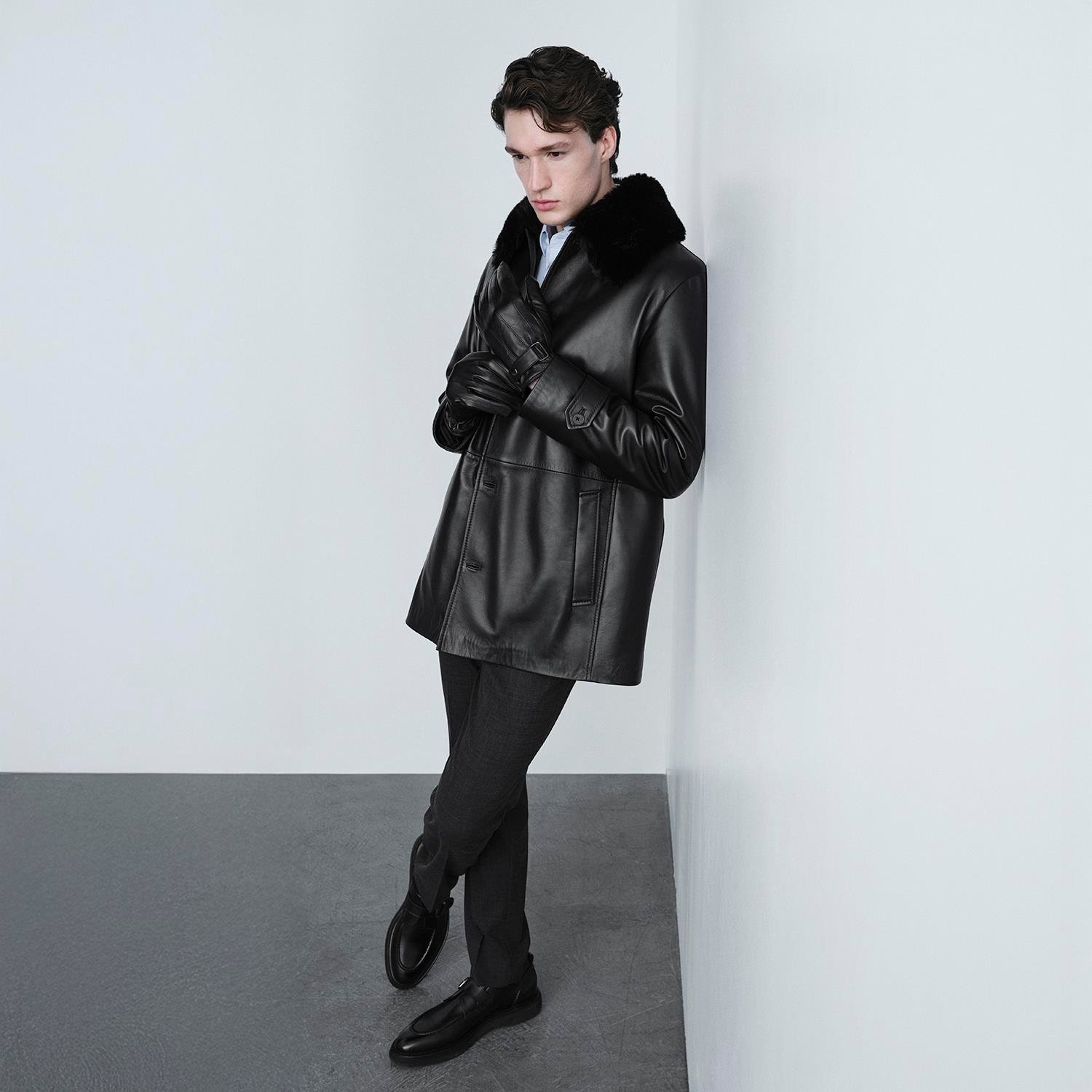 Erkek Siyah Gömlek Yakalı Deri Kaban