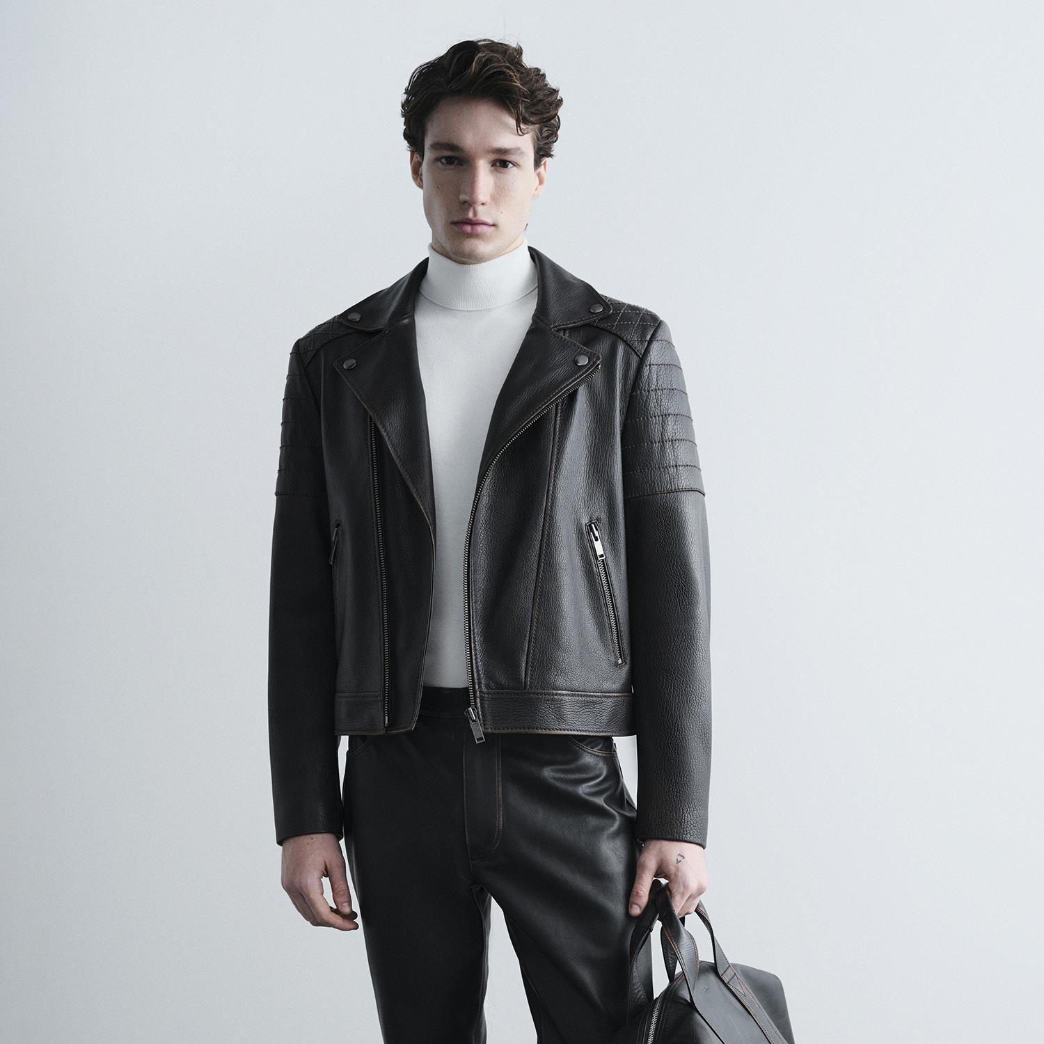 Erkek Siyah Vintage Deri Biker Ceket