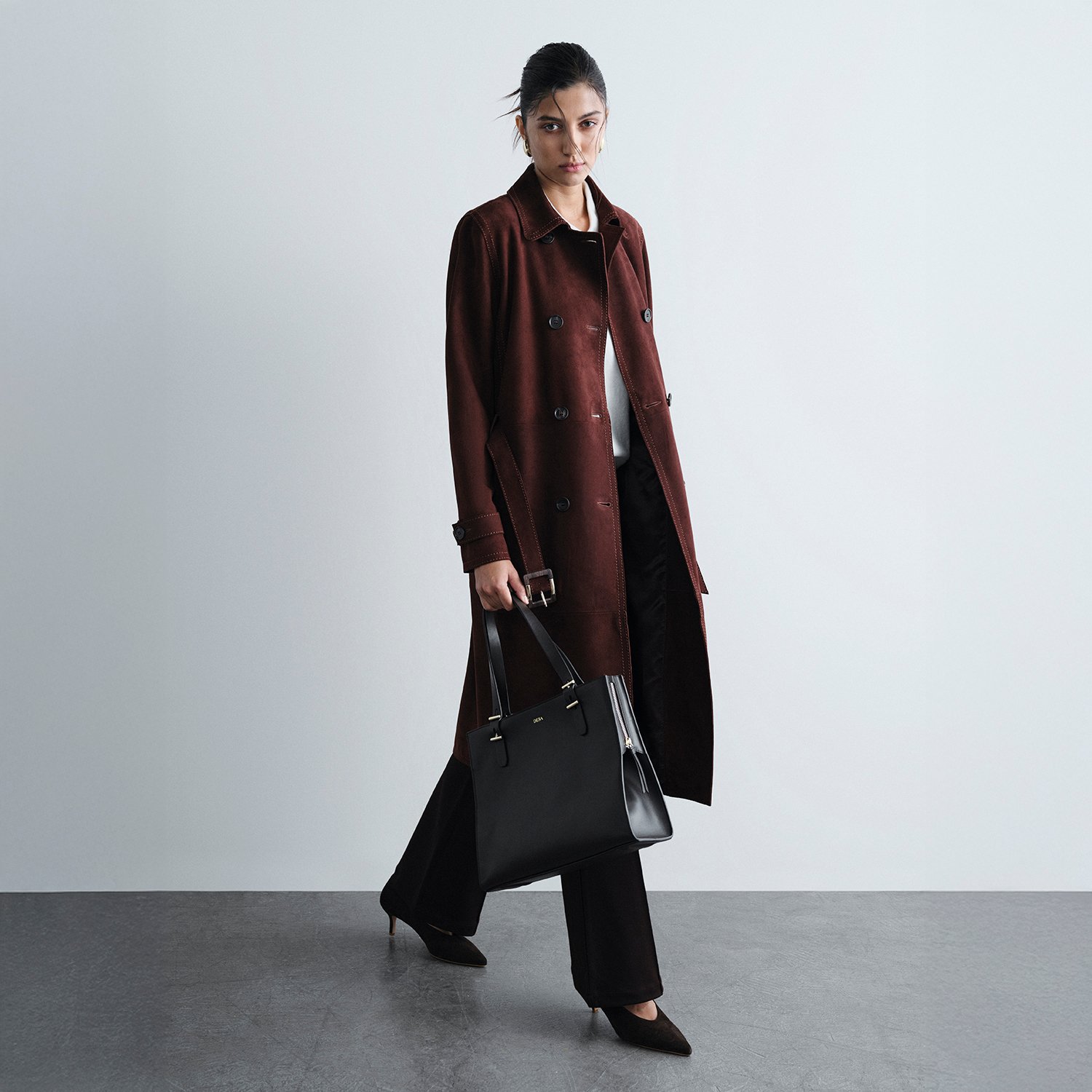Kadın Bordo Yakalı Süet Deri Trençkot
