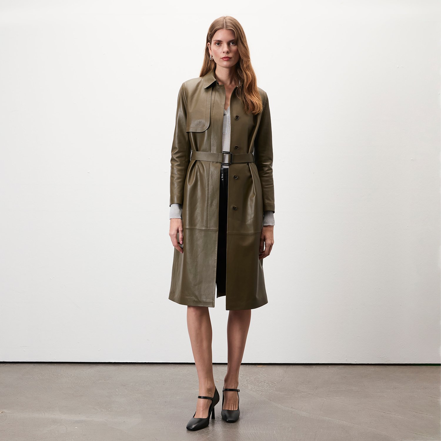Kadın Haki Uzun Gömlek Yaka Deri Trençkot