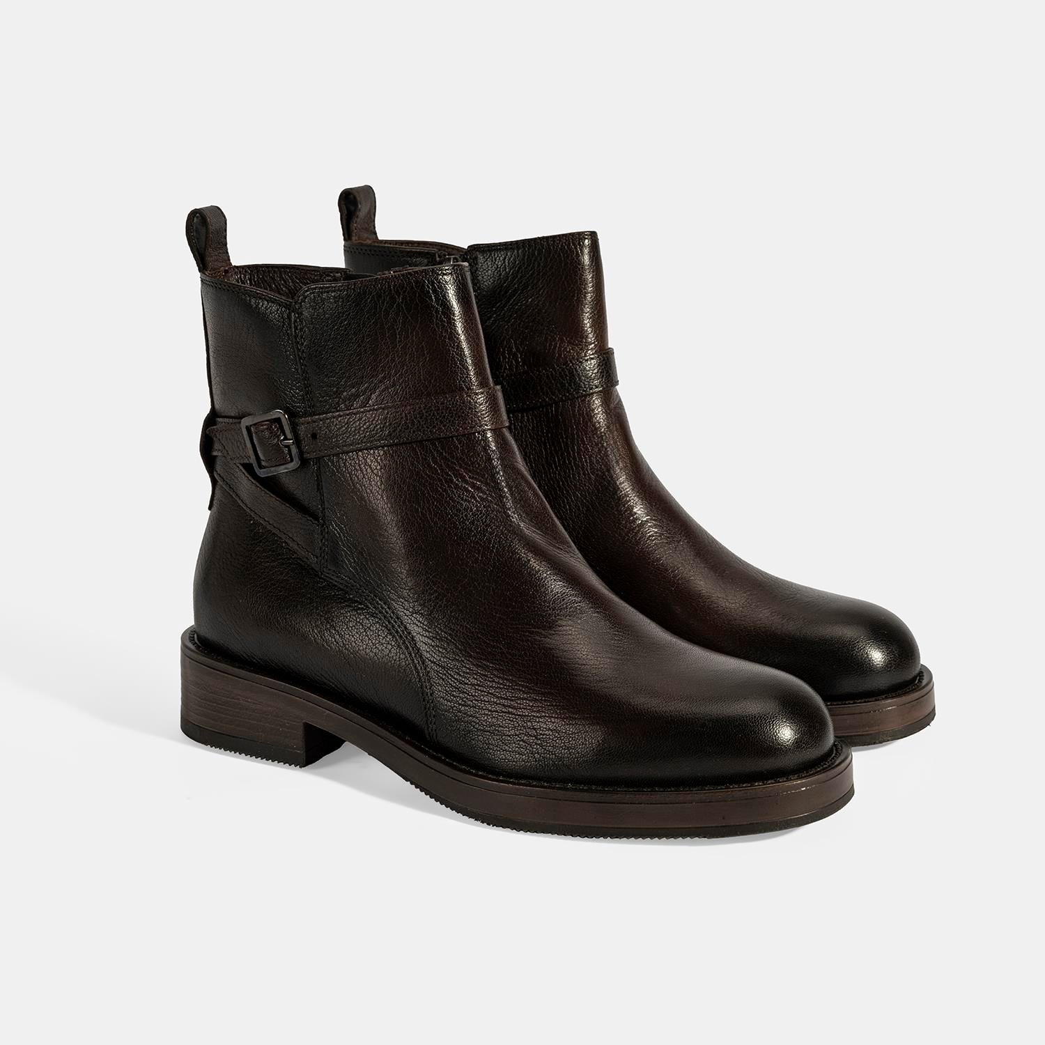 Kadın Kahve Ayarlanabilir Tokalı Deri Bot