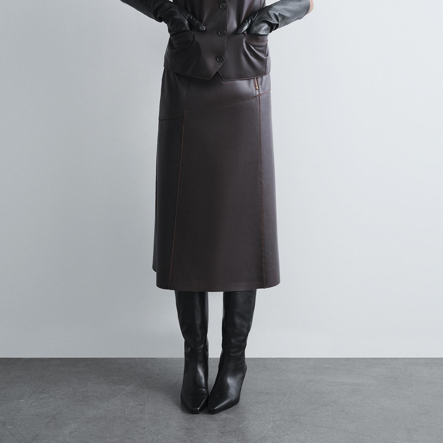 Kadın Koyu Kahve Midi Boy Deri Etek