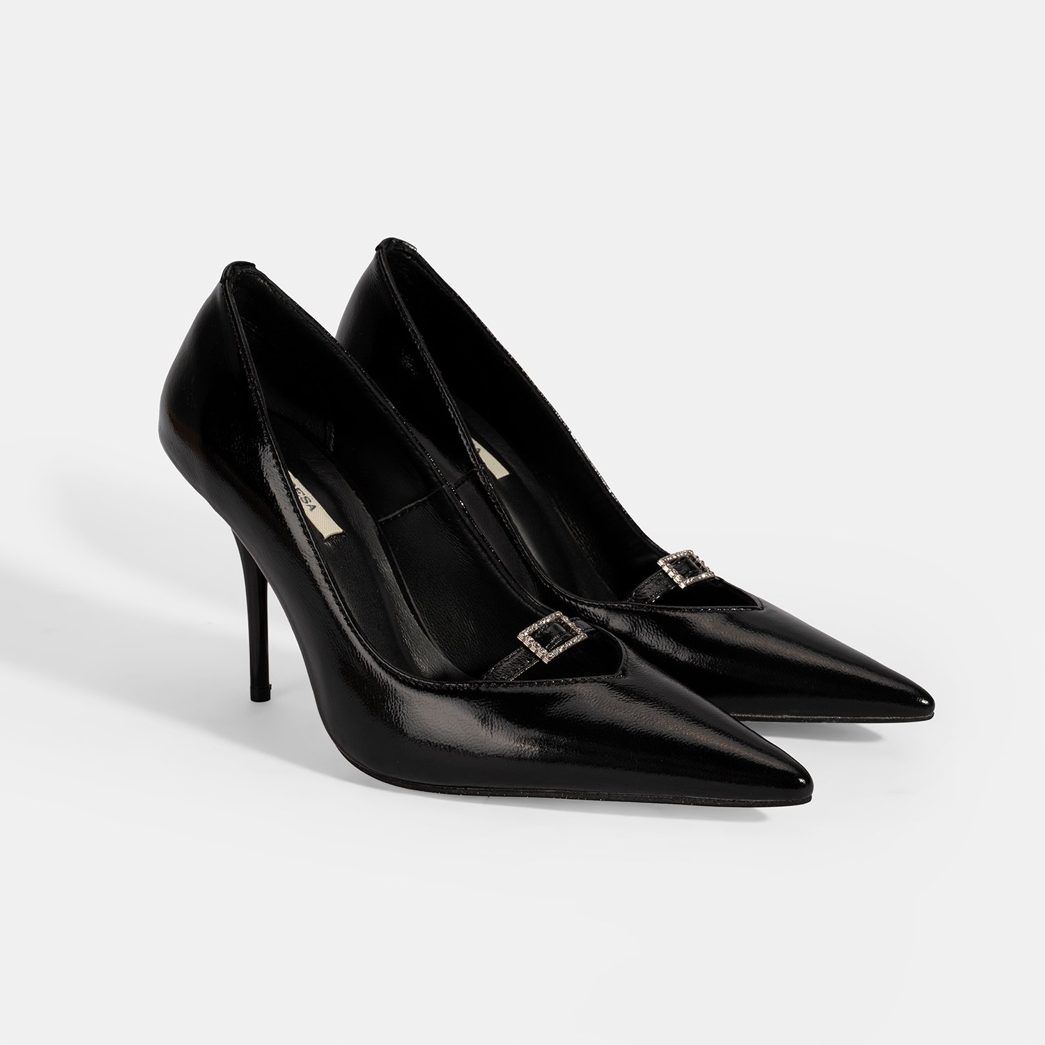 Kadın Siyah Taşlı Toka Detaylı Rugan Topuklu Abiye Ayakkabı