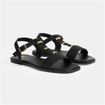 Kadın Siyah Ayarlanabilir Tokalı Deri Sandalet