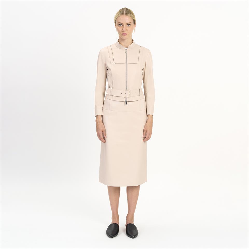 K14433 | Leather Stretch Mini Belted Jacket