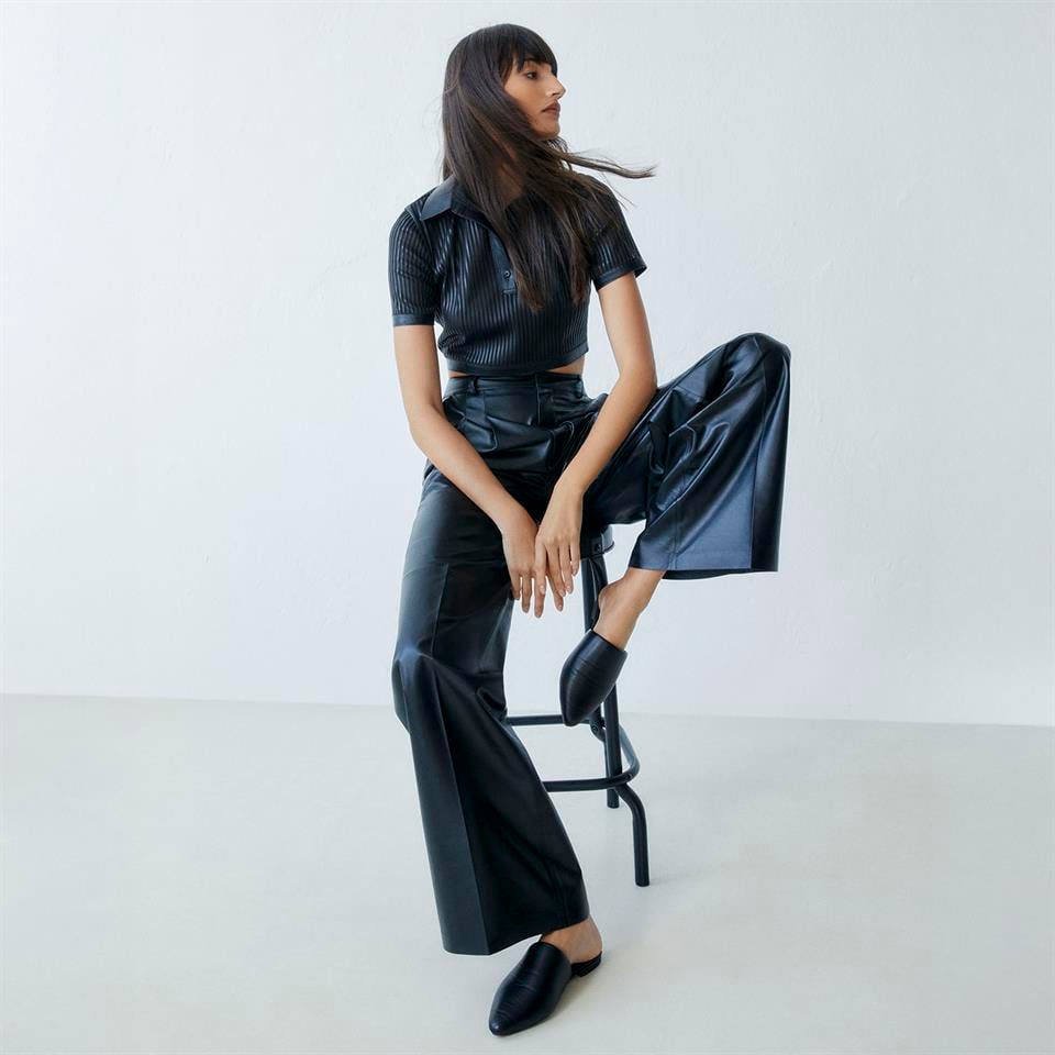 K14442 | Leather Two-Pleated Wide Leg Pants