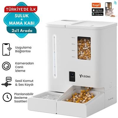 Yasomi DU-F03V SmartPaw+ 2si1 Arada 4L/5L Kapasiteli Pilli/Kablolu Akıllı Otomatik Mama ve Su Kabı (Beyaz)