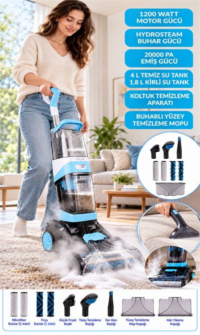 Yasomi T20 Pro HydroStream 1200W Buhar Fonksiyonlu Dikey Halı Yıkama Koltuk Yıkama ve Buharlı Paspas Makinesi