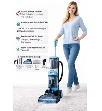 Yasomi T20 Pro HydroStream 1000W Buhar Fonksiyonlu Dikey Halı Yıkama Koltuk Yıkama ve Buharlı Paspas Makinesi